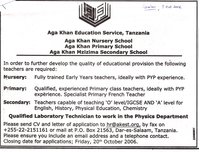 Tanzania Guardian advertisement for teachers at all of AKES,T's schools in Dar es Salaam