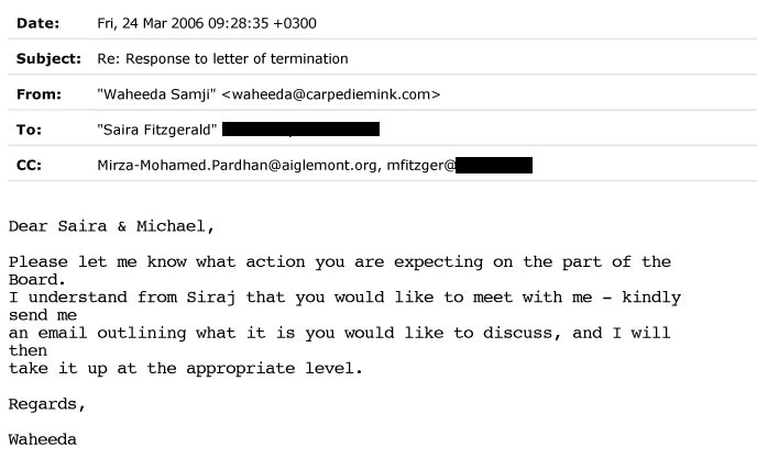 Email from AKES,T Chair about our termination Email from the Chair of AKES,T regarding our termination