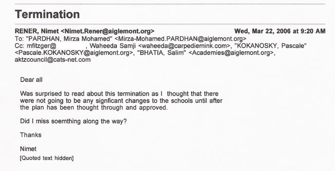 An email from Aiglemont regarding our termination