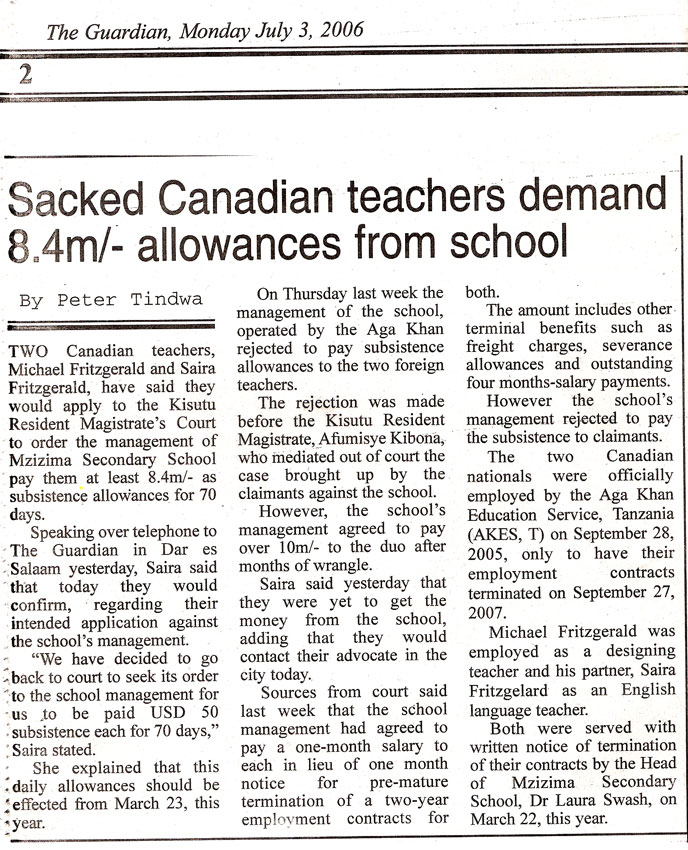 Tanzania Guardian article, with headline Sacked Canadian teachers demand 8.4 million shillings allowances from school