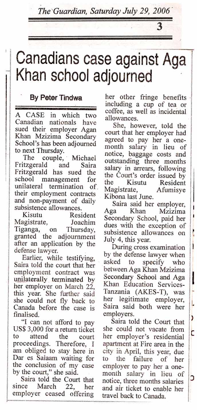 Guardian article on adjournment of our case against Aga Khan Mzizima Secondary School Tanzania Guardian article, with headline Canadians case against Aga Khan school adjourned