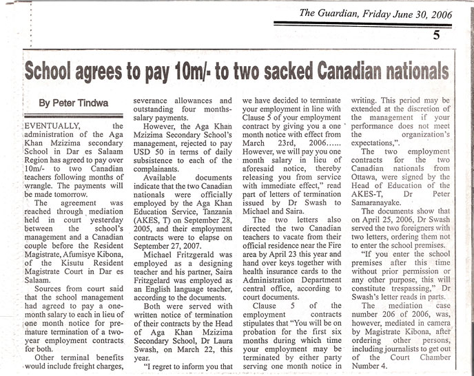 Tanzania Guardian article, with headline School agrees to pay 10 million shillings to two sacked Canadian nationals
