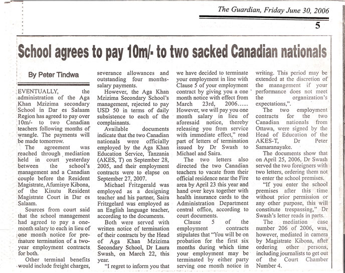 Guardian article on settlement order Tanzania Guardian article, with headline School agrees to pay 10 million shillings to two sacked Canadian nationals