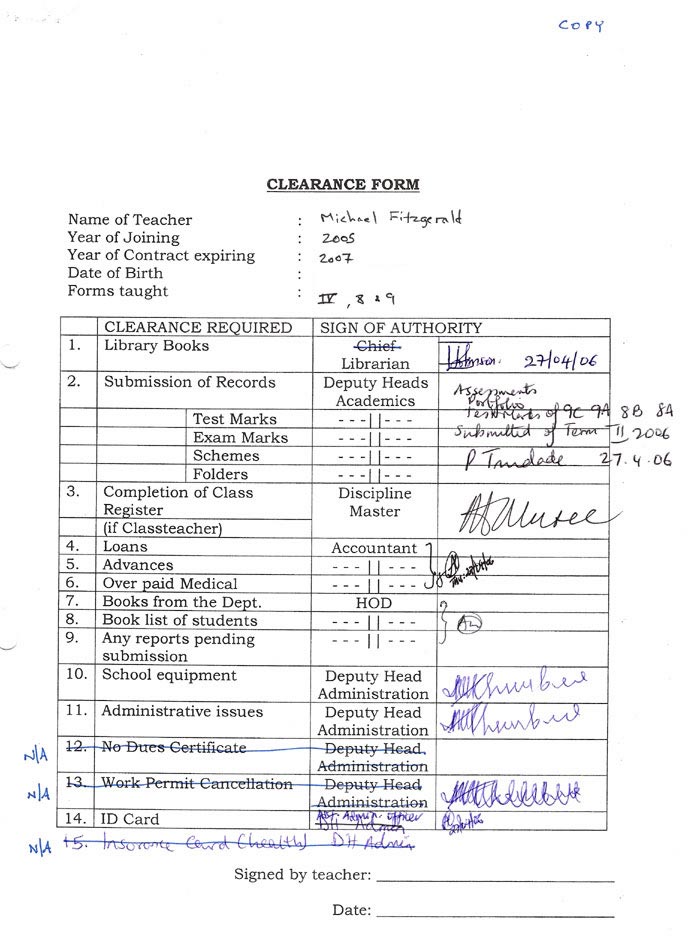 M Fitzgerald's clearance form, completed on 27 April 2006