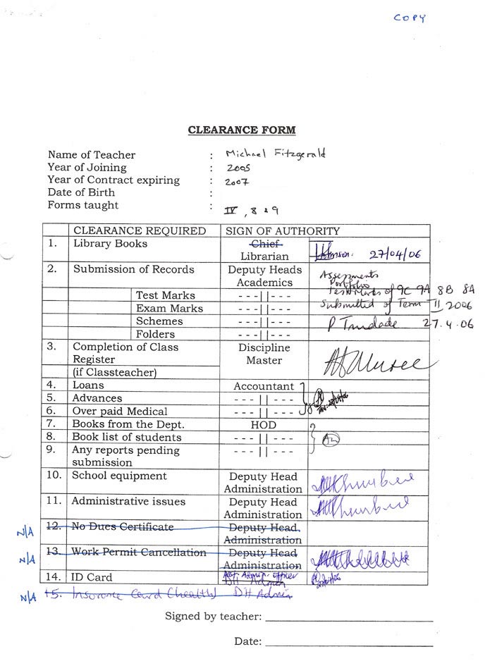 Completed clearance form M Fitzgerald's clearance form, completed on 27 April 2006