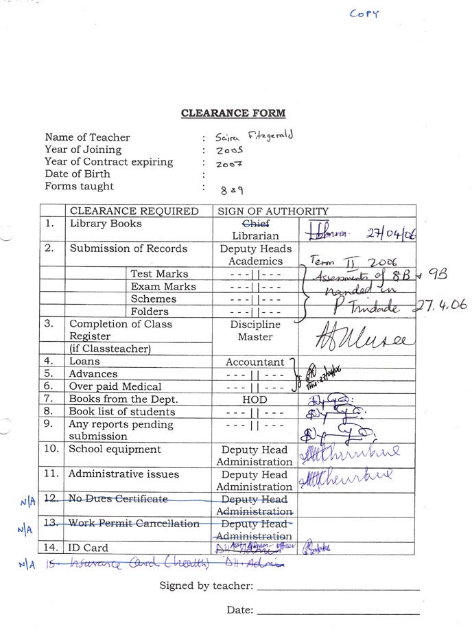 S Fitzgerald's clearance form, completed on 27 April 2006