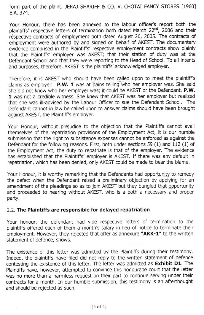 The fifth page of the defendant's written submissions