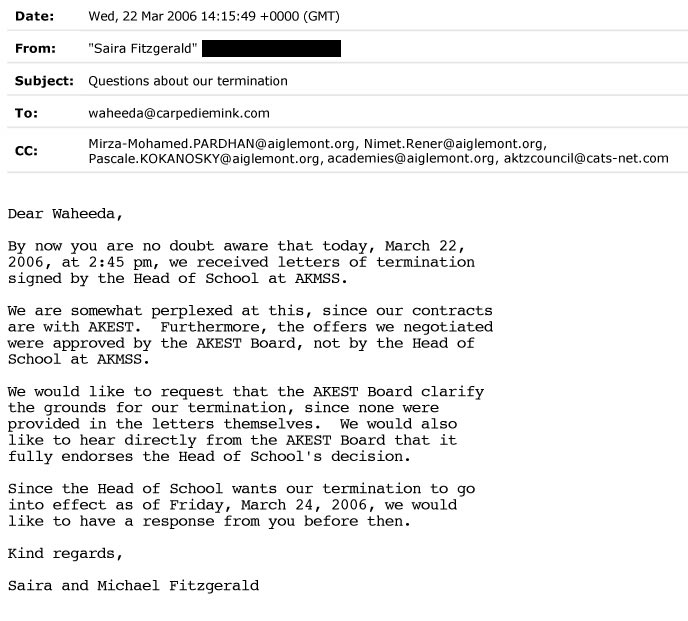 First email to AKES,T Chair about our termination Our first email to the Chair of AKES,T regarding our termination