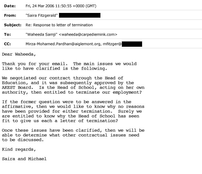 Second email to AKES,T Chair about our termination Our second email to the Chair of AKES,T regarding our termination