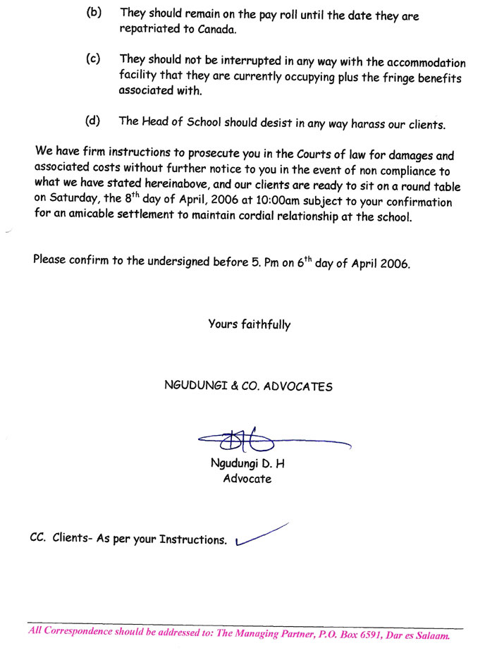 Lawyer's letter to AKES,T Chair page 3 Page three of our lawyer's letter to the Chair of AKES,T regarding our termination