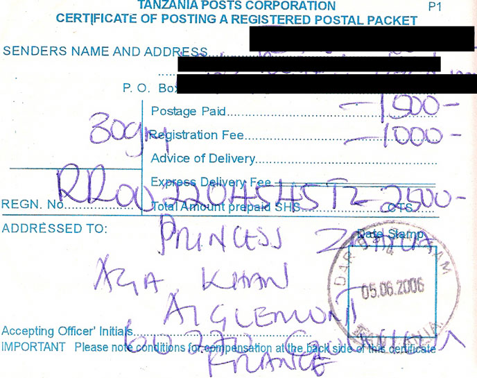The receipt for the registered letter we sent to Princess Zahra