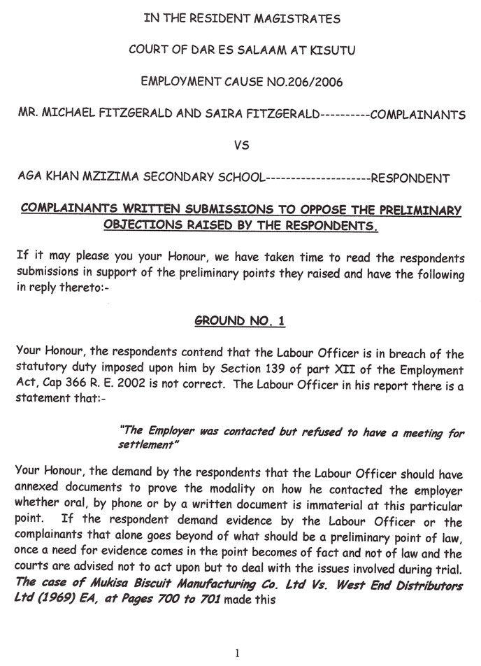 Plaintiffs' Response Page 1 The first page of our response to the defendant's preliminary objections