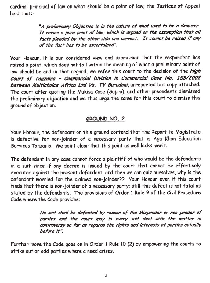 The second page of our response to the defendant's preliminary objections