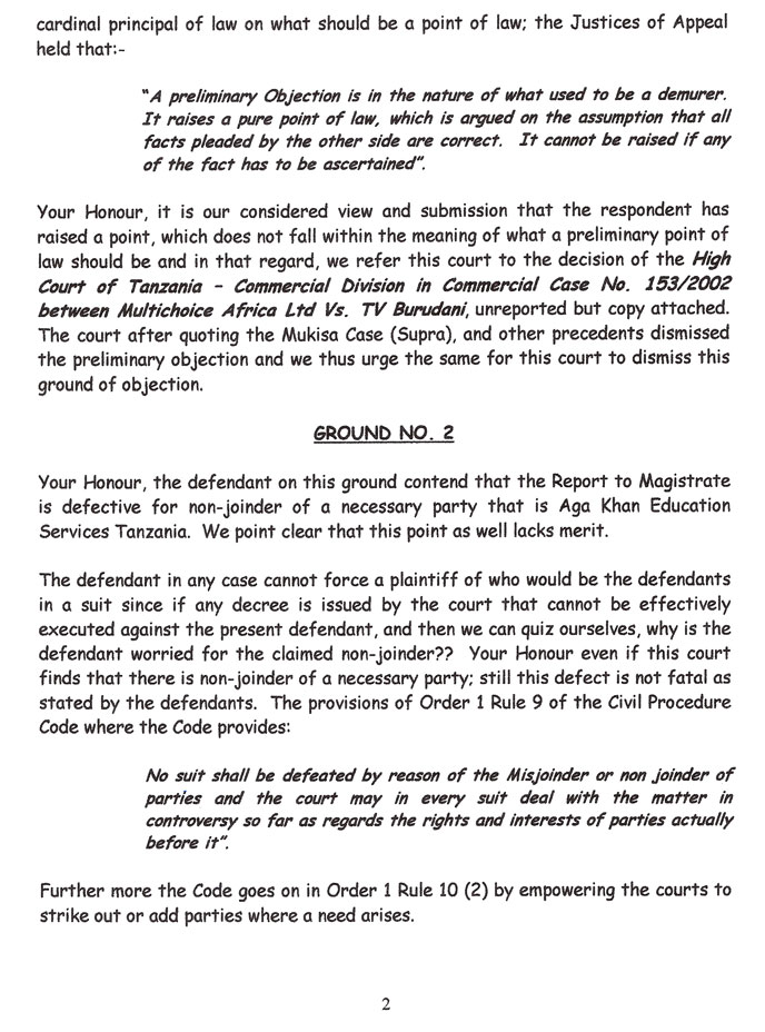 Plaintiffs' Response Page 2 The second page of our response to the defendant's preliminary objections