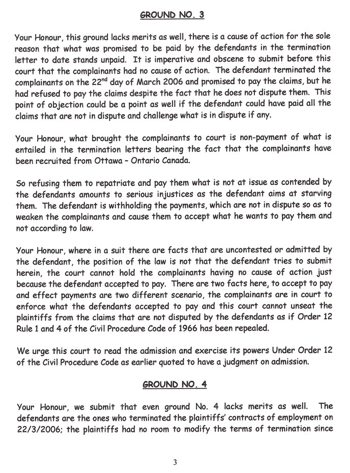 Plaintiffs' Response Page 3 The third page of our response to the defendant's preliminary objections