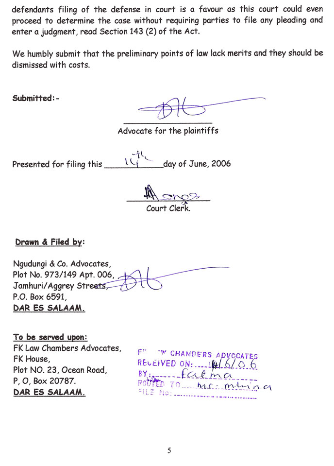 Plaintiffs' Response Page 5 The fifth page of our response to the defendant's preliminary objections