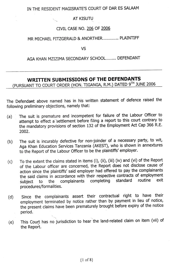 Defendant's Preliminary Objections page 1 The first page of the defendant's preliminary objections to our suit