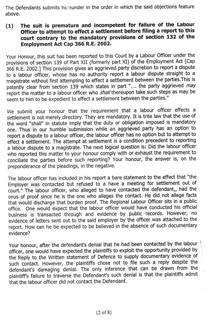 Defendant's Preliminary Objections page 2 The second page of the defendant's preliminary objections to our suit