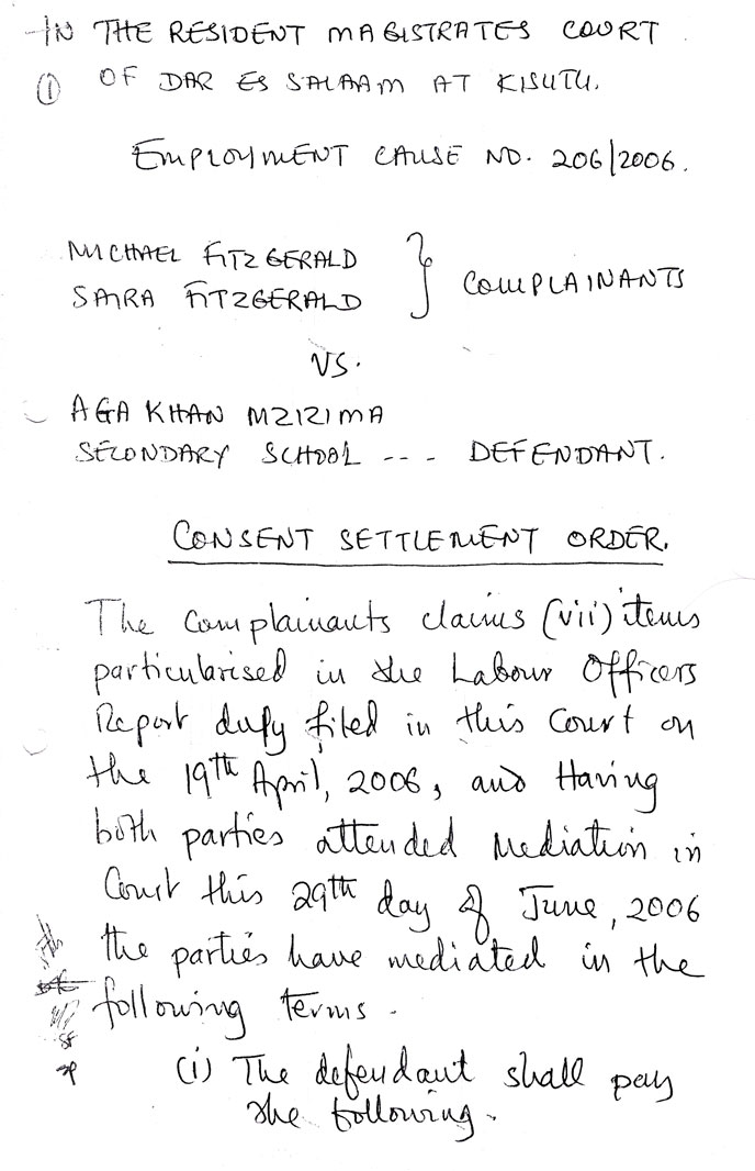 Consent Settlement Order page 1 The first page of the consent settlement order we signed with the defendant on 29 June 2006