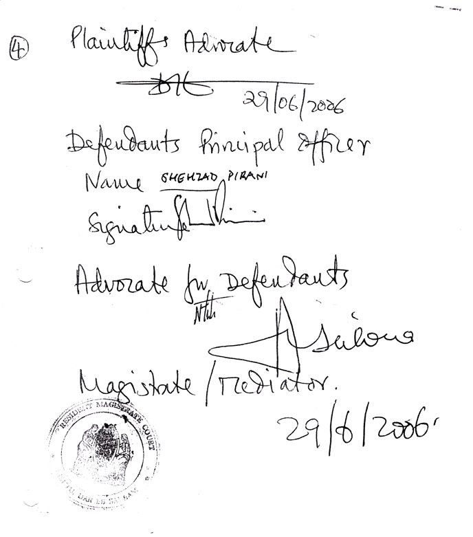The fourth page of the consent settlement order we signed with the defendant on 29 June 2006
