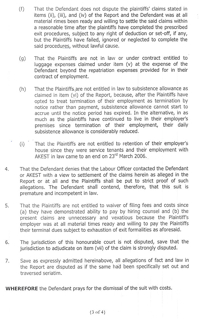 Written Statement of Defence page 3 Third page of the written statement of defence