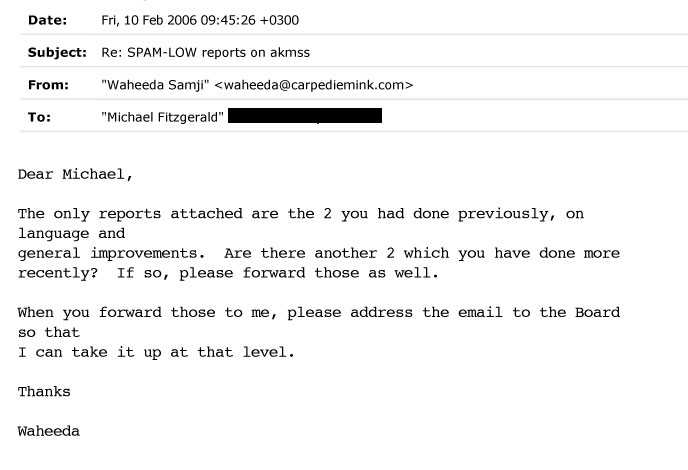 An email from Waheeda Samji, Chair of AKES,T