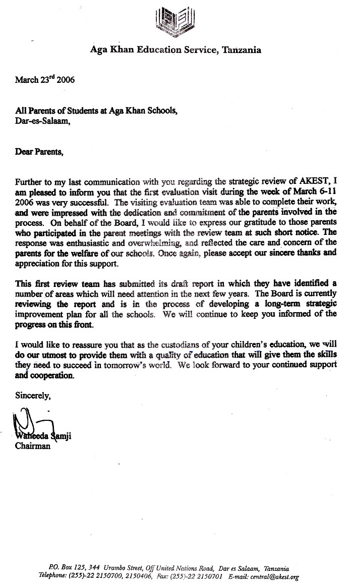 AKES,T Letter to parents of 23 March 2006 Another letter to parents from AKEST regarding the quality of AKEST's education