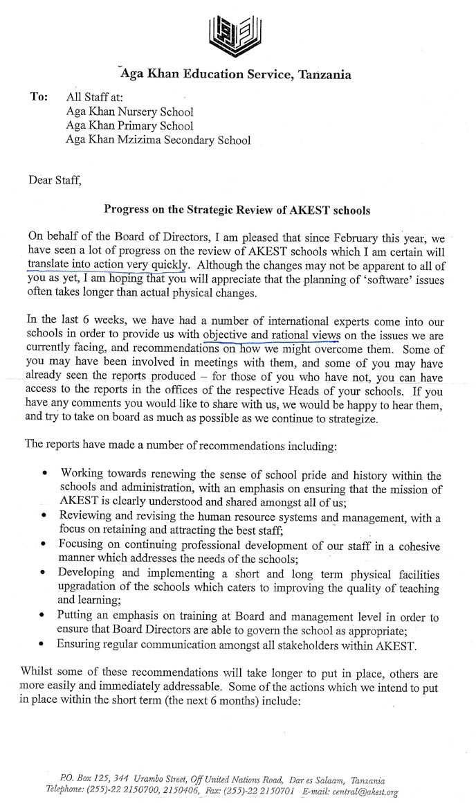 AKES,T Letter to staff A letter from AKEST to all staff