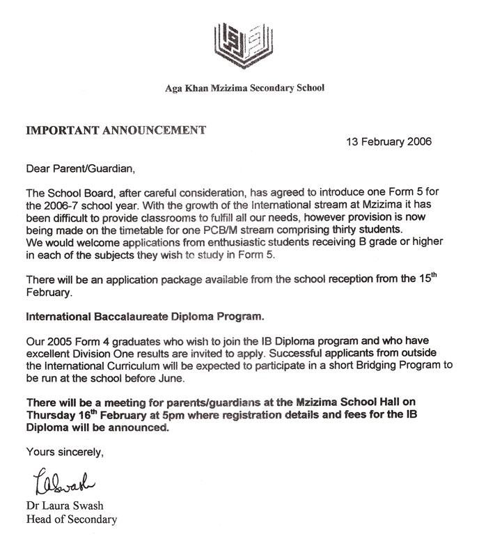 An letter to parents from the Head of School saying that Form V is to be re-introduced at AKMSS