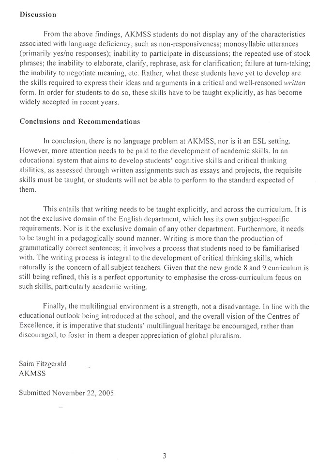 AKMSS language Policy Report, page 3 Page 3 of a report on language policy at AKMSS