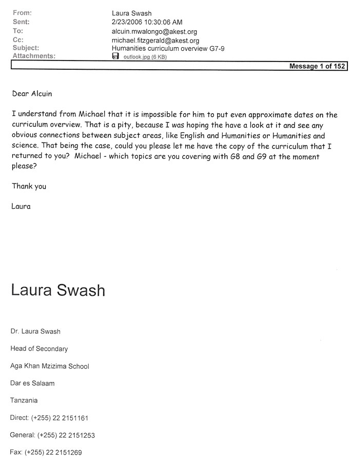 Email from Head of School asking for curriculum map An email from the Head of School asking the Head of the Humanities department for a copy of M Fitzgerald's curriculum map