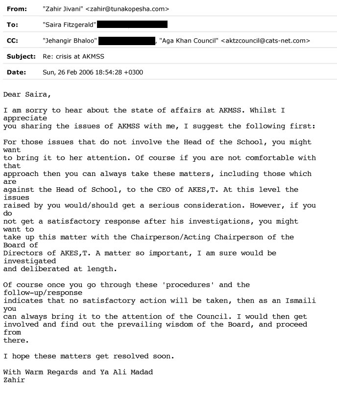 An email from Zahir Jivani, Chair of the Tanzanian Jamati Council