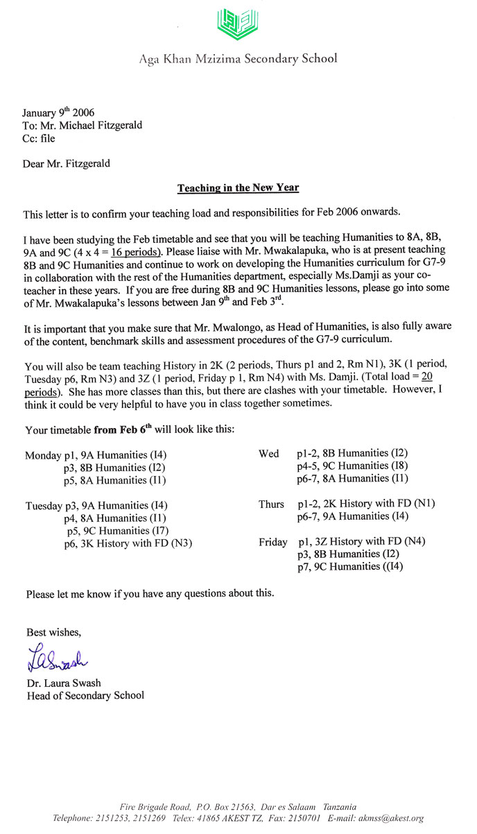 Letter from Head of School regarding M Fitzgerald's teaching duties A letter from the Head of School that details M Fitzgerald's teaching duties in the new term
