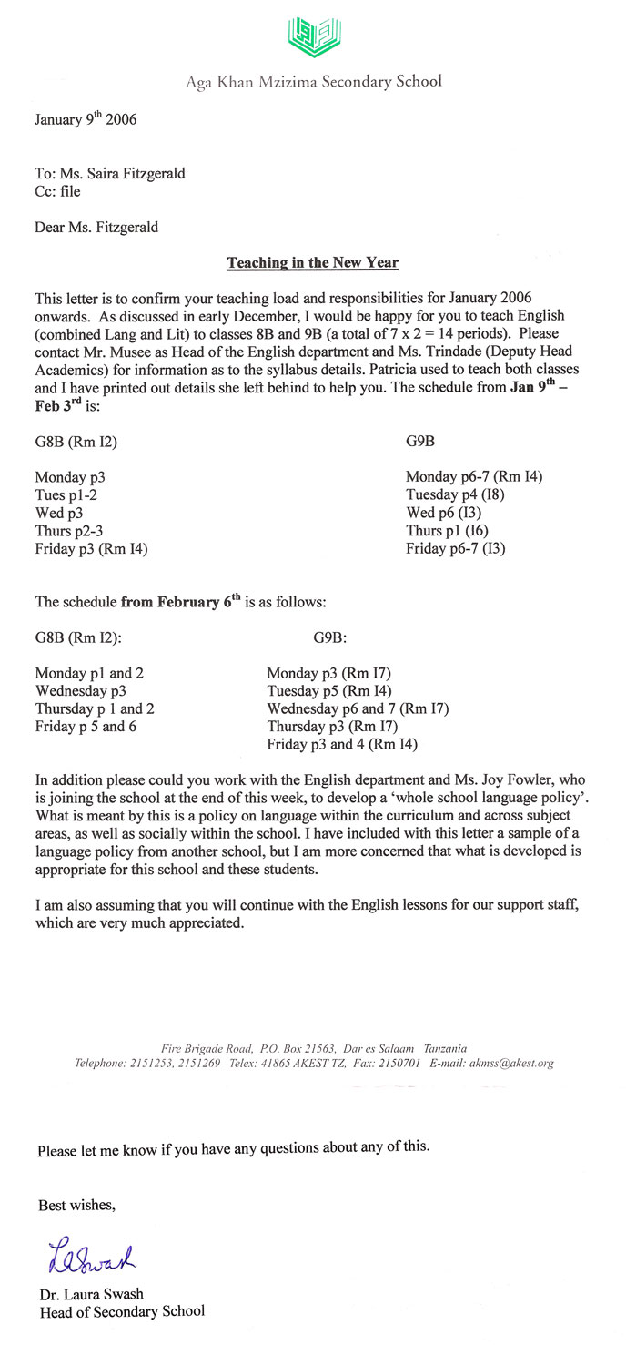 A letter from the Head of School that details S Fitzgerald's teaching duties in the new term