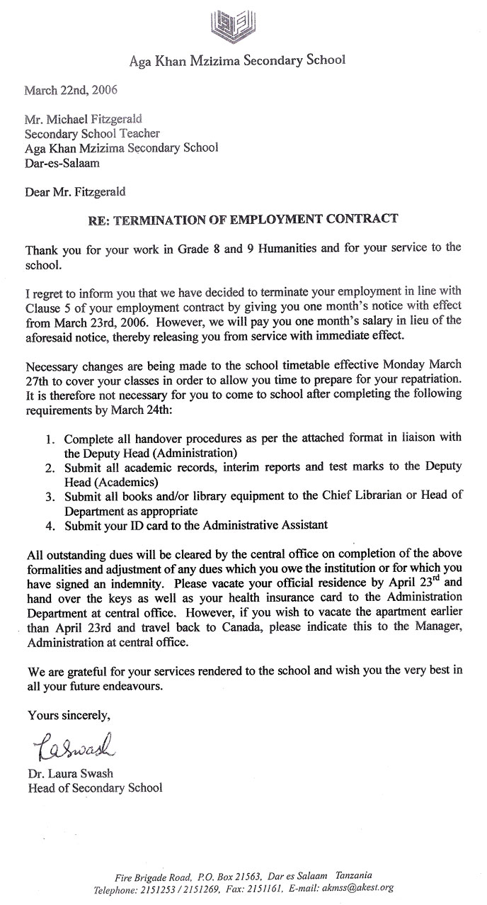 Letter from the Head of School terminating M Fitzgerald's contract
