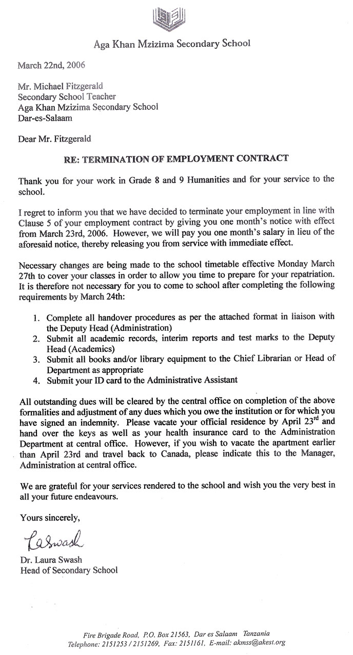 Termination letter for M Fitzgerald Letter from the Head of School terminating M Fitzgerald's contract