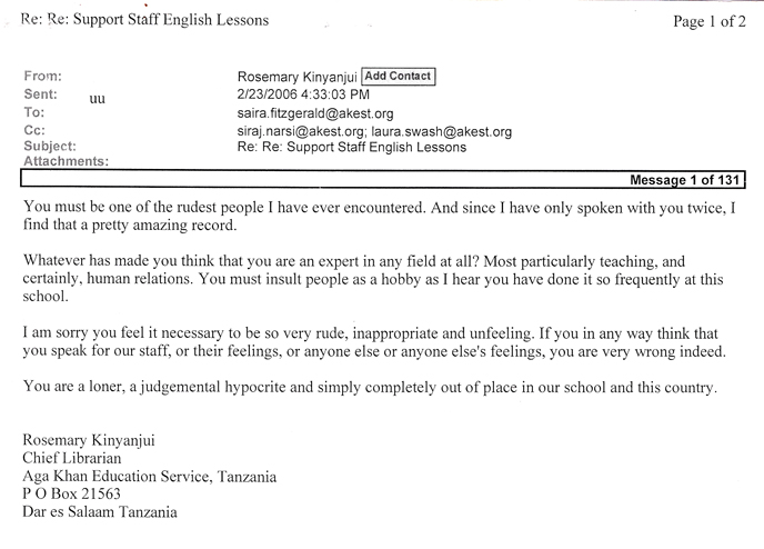 An email from Rosemary Kinyanjui, the then-Chief Librarian at AKMSS