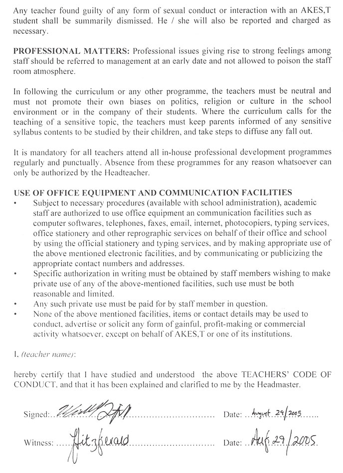 AKES,T Contract Code of Conduct page 2 The second page of the Code of Conduct in the contract with AKES,T
