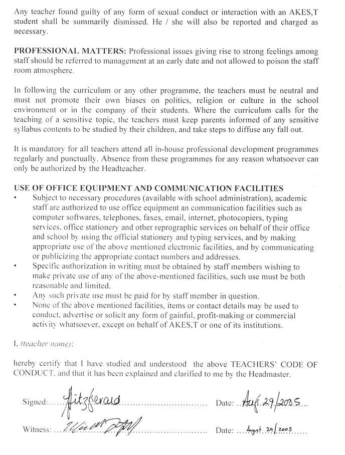 The second page of the Code of Conduct in the contract with AKES,T