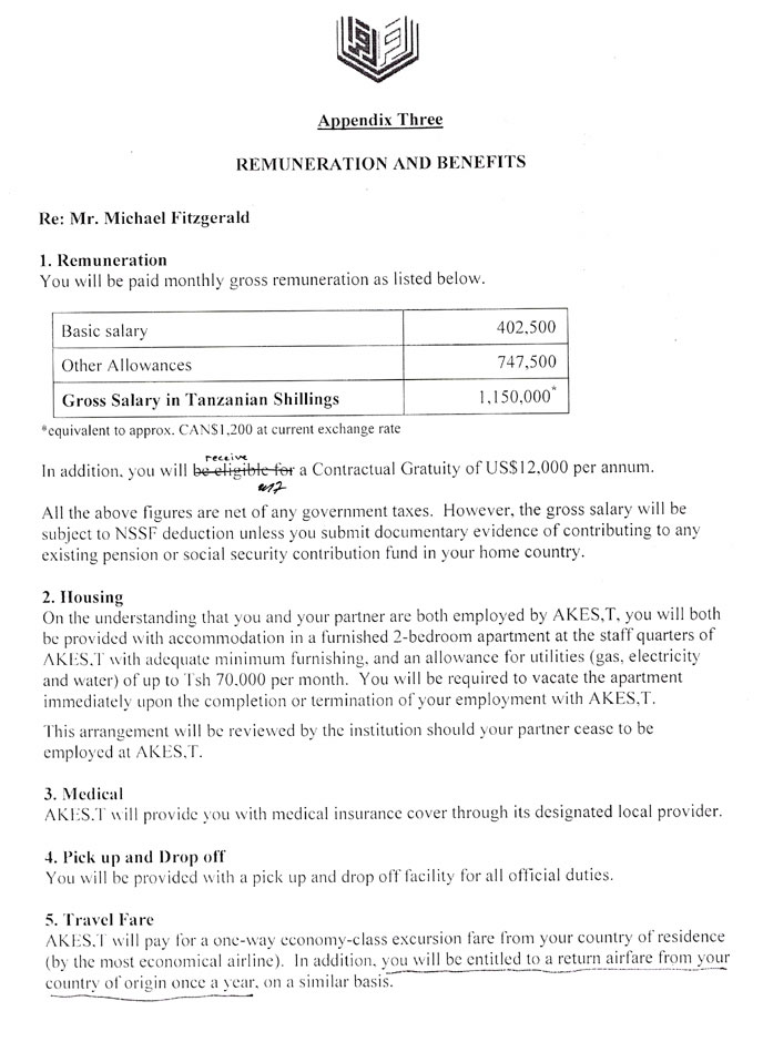 The first page of the Remuneration and Benefits section of the contract with AKES,T