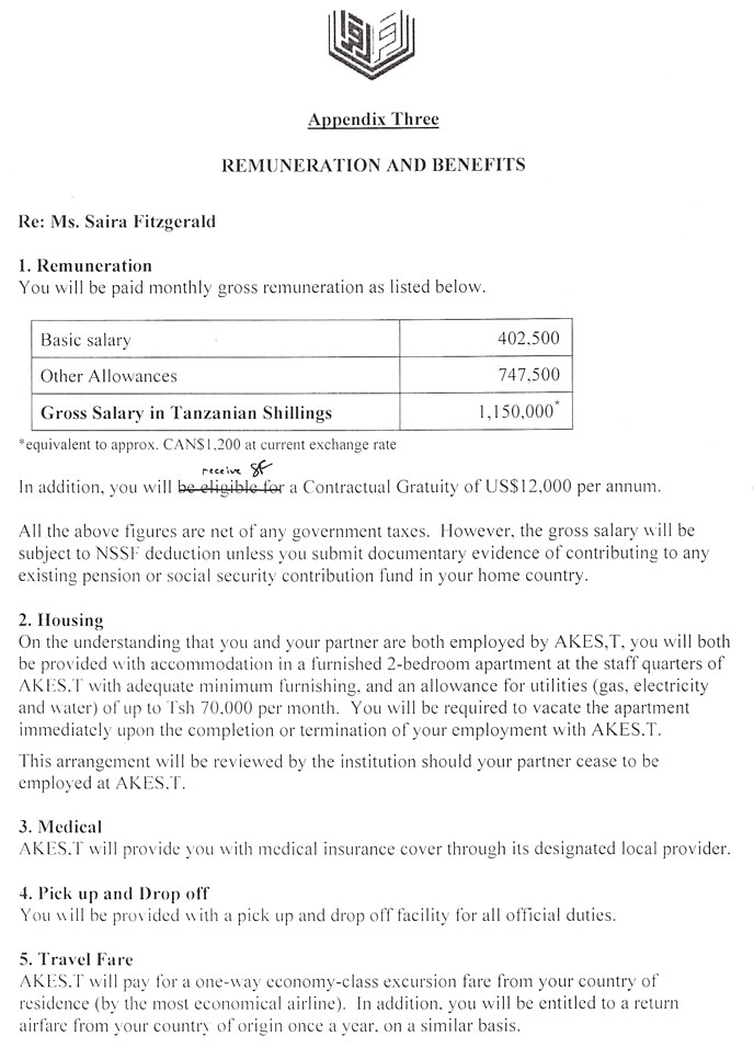 The first page of the Remuneration and Benefits section of the contract with AKES,T