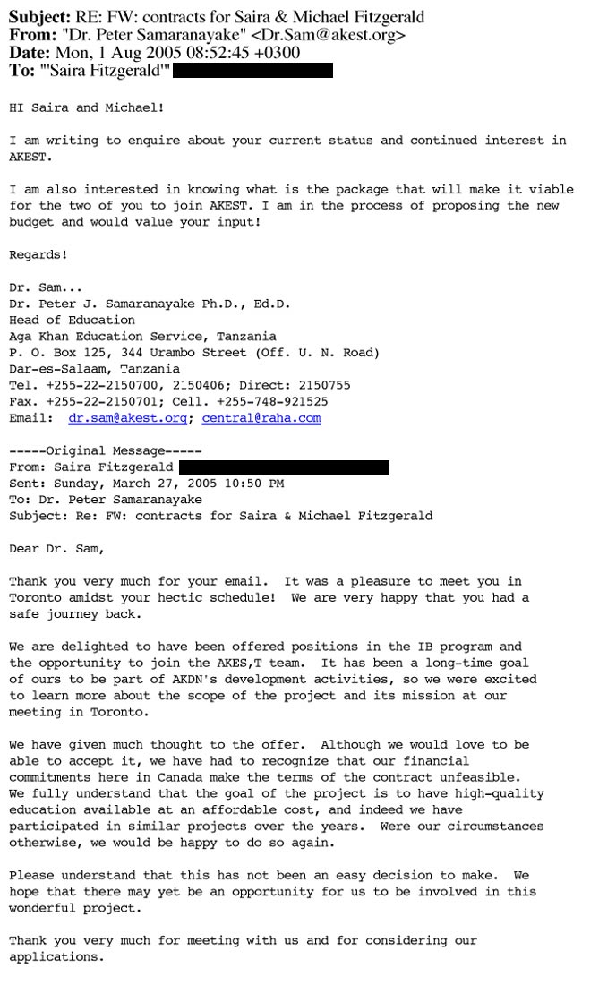 An email from the Head of Education at AKES,T soliciting us to come to Tanzania to work