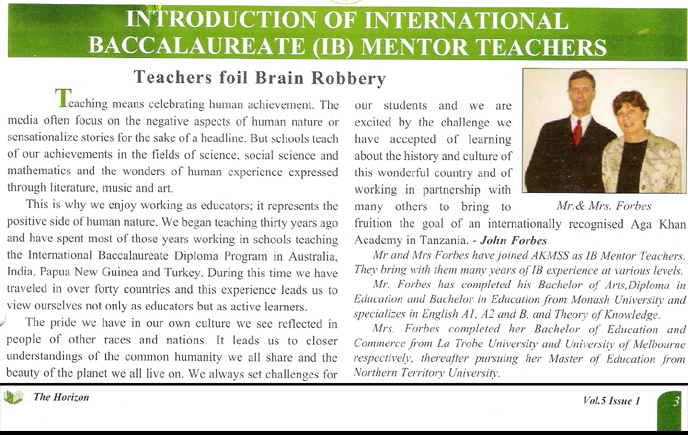 A blurb on John Forbes, an "IB Mentor teacher" at AKMSS in 2005-2006