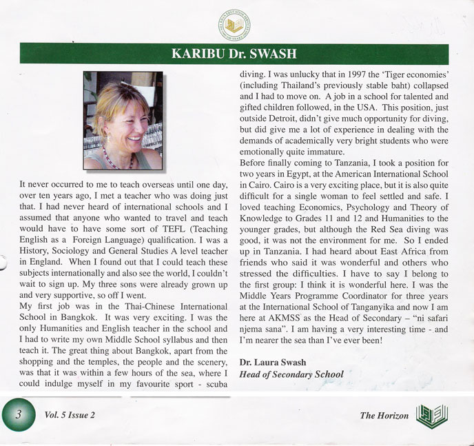 A blurb on Laura Swash, the Head of School at AKMSS in 2005-2006