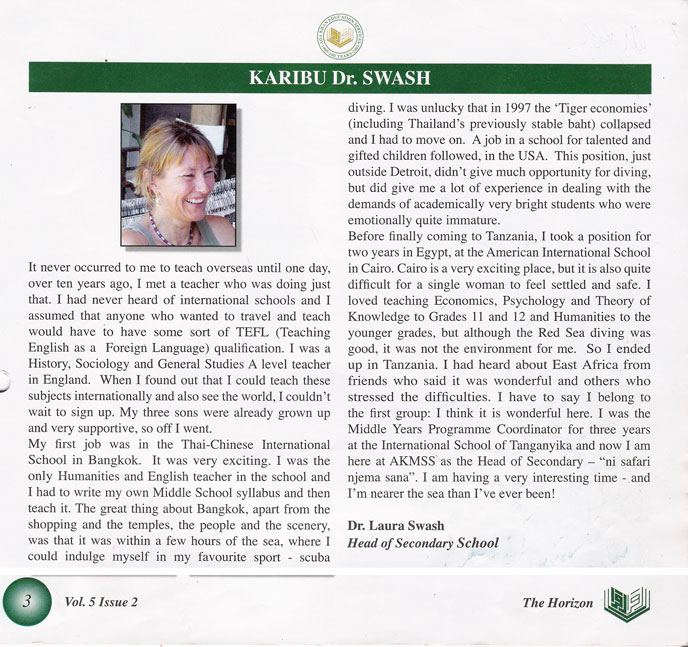 A blurb on Laura Swash, the Head of School at AKMSS in 2005-2006